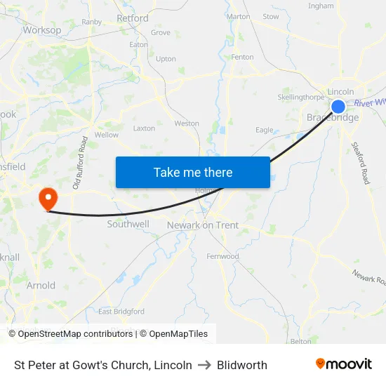 St Peter at Gowt's Church, Lincoln to Blidworth map
