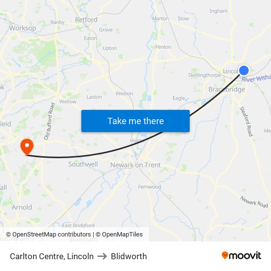 Carlton Centre, Lincoln to Blidworth map