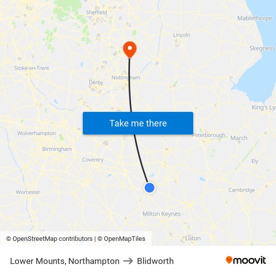 Lower Mounts, Northampton to Blidworth map