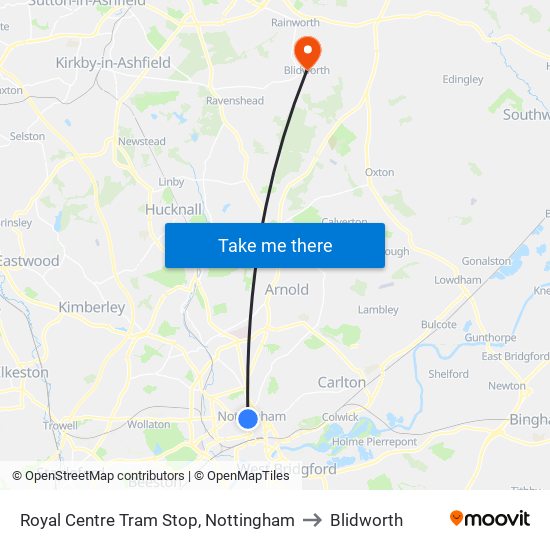 Royal Centre Tram Stop, Nottingham to Blidworth map