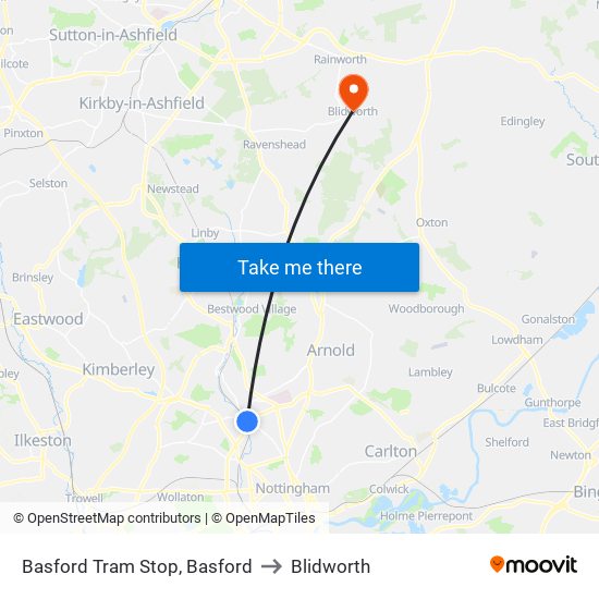 Basford Tram Stop, Basford to Blidworth map