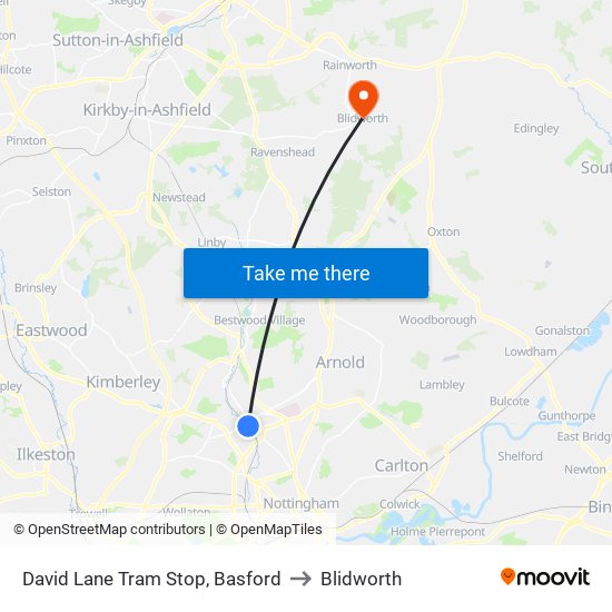 David Lane Tram Stop, Basford to Blidworth map