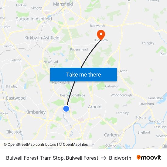 Bulwell Forest Tram Stop, Bulwell Forest to Blidworth map
