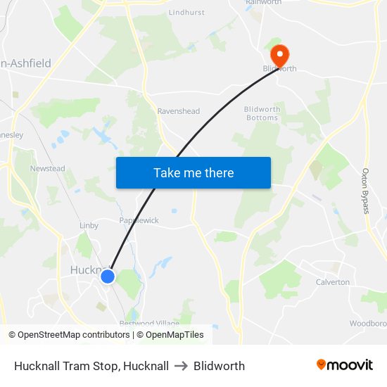 Hucknall Tram Stop, Hucknall to Blidworth map