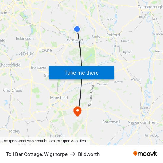 Toll Bar Cottage, Wigthorpe to Blidworth map