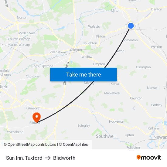 Sun Inn, Tuxford to Blidworth map