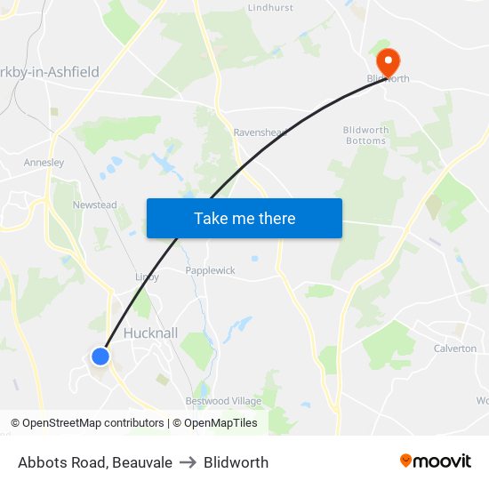 Abbots Road, Beauvale to Blidworth map