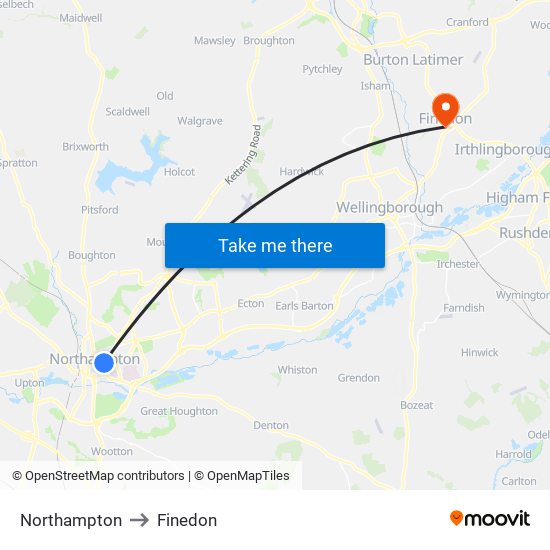 Northampton to Finedon map