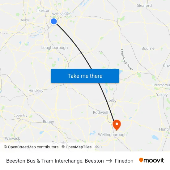 Beeston Bus & Tram Interchange, Beeston to Finedon map