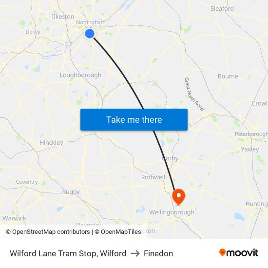 Wilford Lane Tram Stop, Wilford to Finedon map