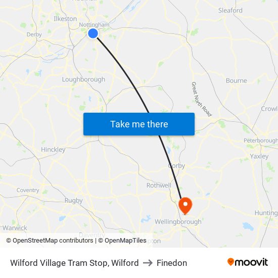 Wilford Village Tram Stop, Wilford to Finedon map