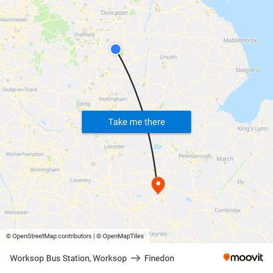 Worksop Bus Station, Worksop to Finedon map