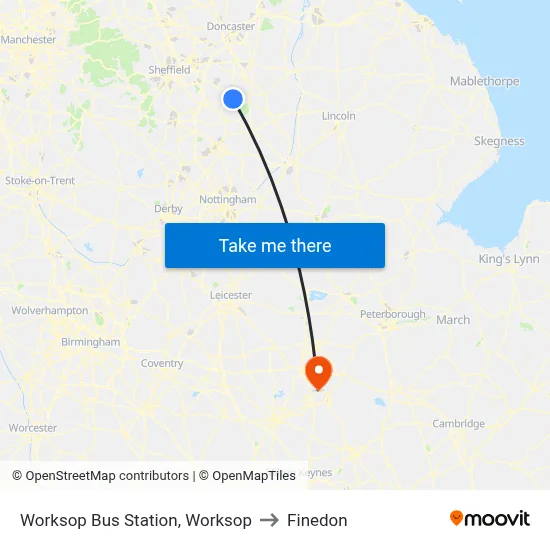 Worksop Bus Station, Worksop to Finedon map