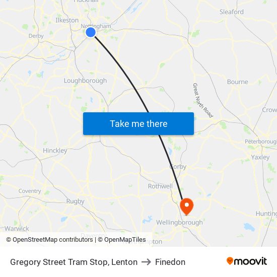 Gregory Street Tram Stop, Lenton to Finedon map
