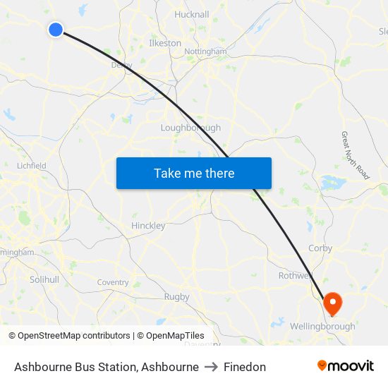 Ashbourne Bus Station, Ashbourne to Finedon map