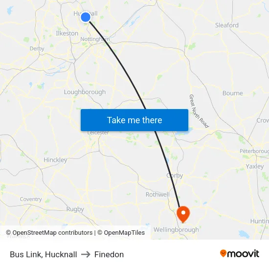 Bus Link, Hucknall to Finedon map