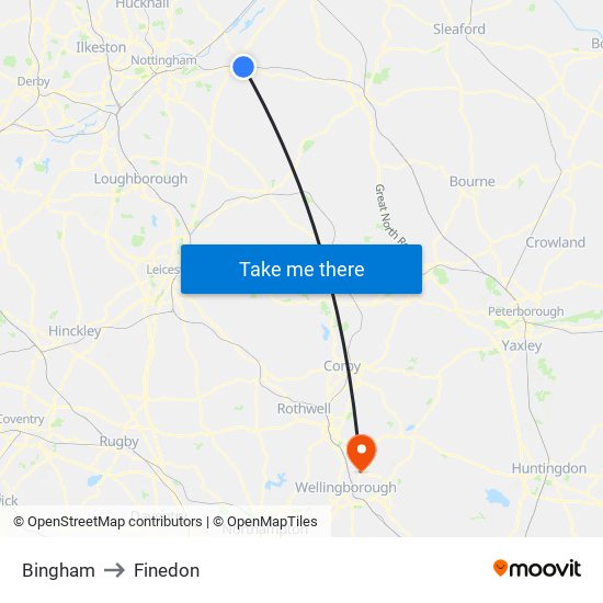 Bingham to Finedon map