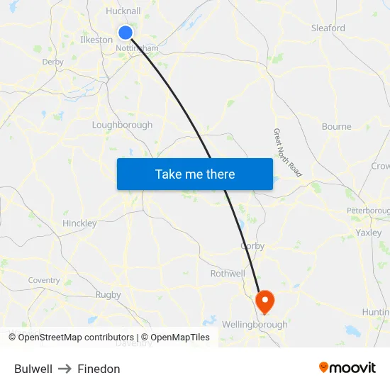 Bulwell to Finedon map