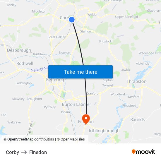 Corby to Finedon map