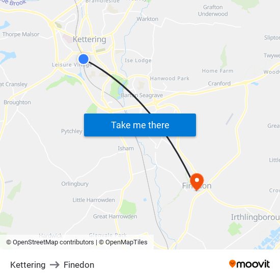 Kettering to Finedon map