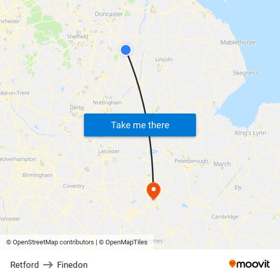 Retford to Finedon map