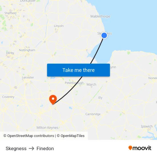 Skegness to Finedon map