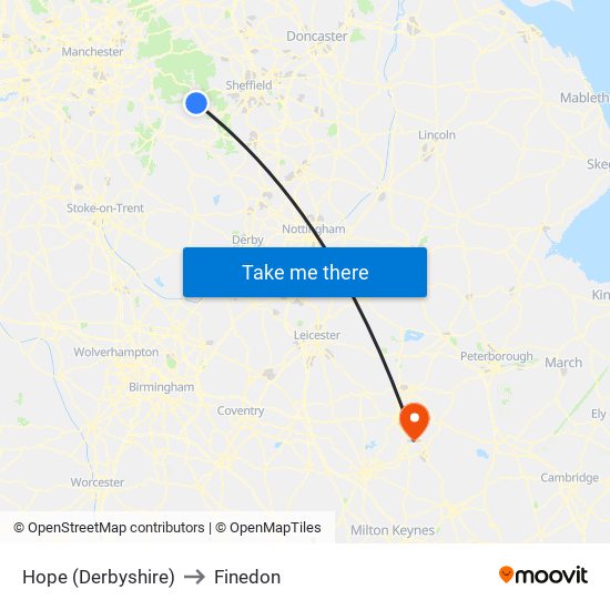 Hope (Derbyshire) to Finedon map