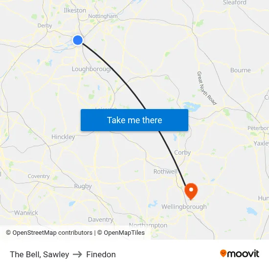 The Bell, Sawley to Finedon map
