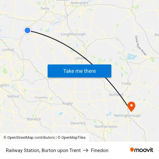 Railway Station, Burton upon Trent to Finedon map