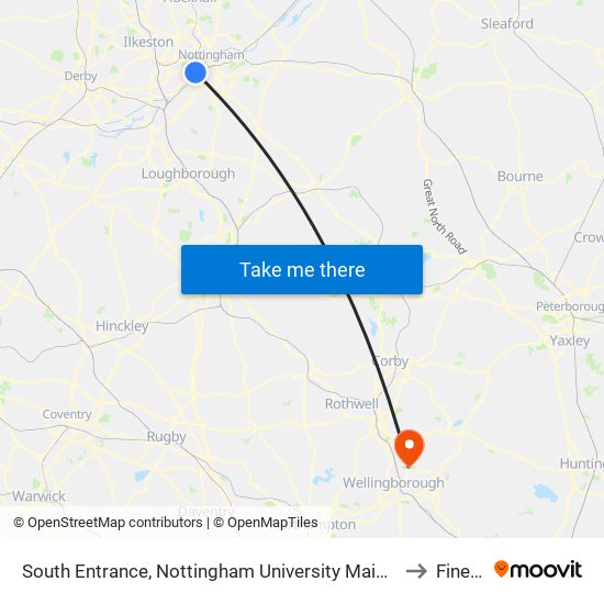 South Entrance, Nottingham University Main Campus (Un04) to Finedon map