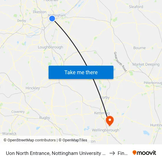 Uon North Entrance, Nottingham University Main Campus (Un14) to Finedon map