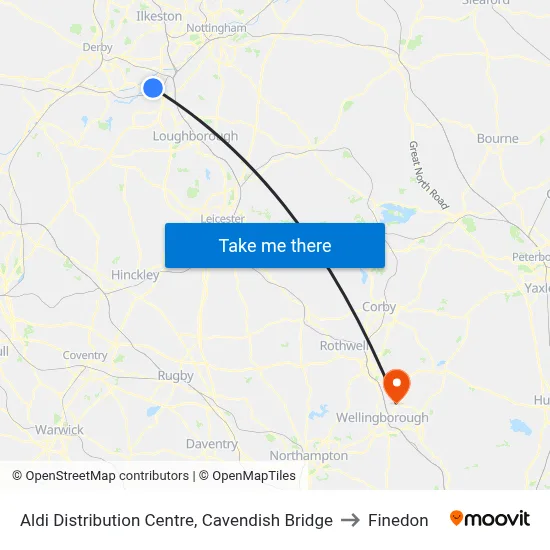 Aldi Distribution Centre, Cavendish Bridge to Finedon map