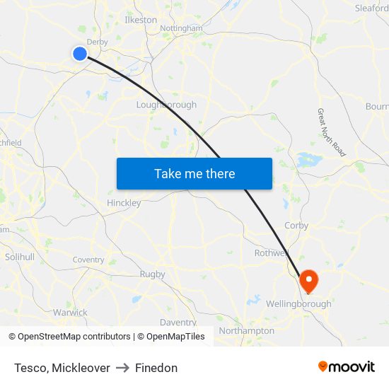 Tesco, Mickleover to Finedon map