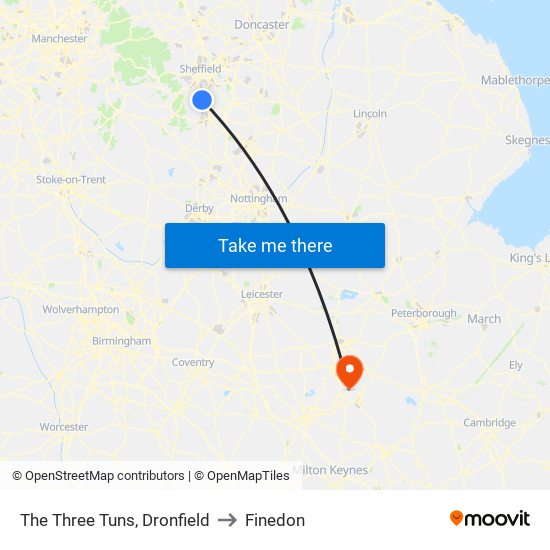 The Three Tuns, Dronfield to Finedon map