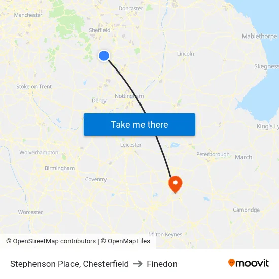 Stephenson Place, Chesterfield to Finedon map