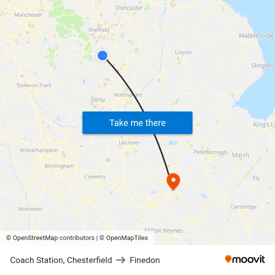 Coach Station, Chesterfield to Finedon map