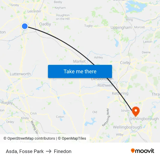 Asda, Fosse Park to Finedon map