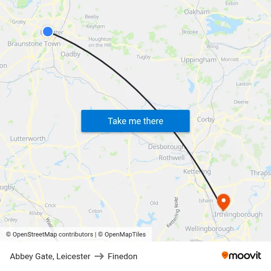 Abbey Gate, Leicester to Finedon map
