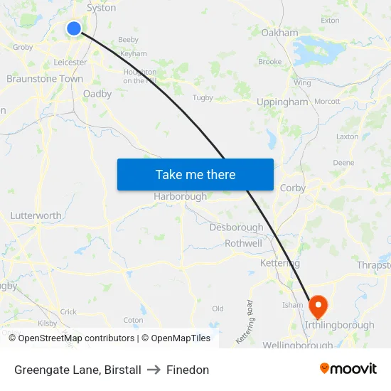 Greengate Lane, Birstall to Finedon map
