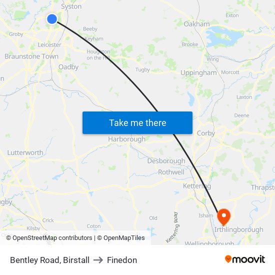 Bentley Road, Birstall to Finedon map