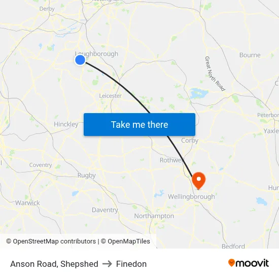 Anson Road, Shepshed to Finedon map