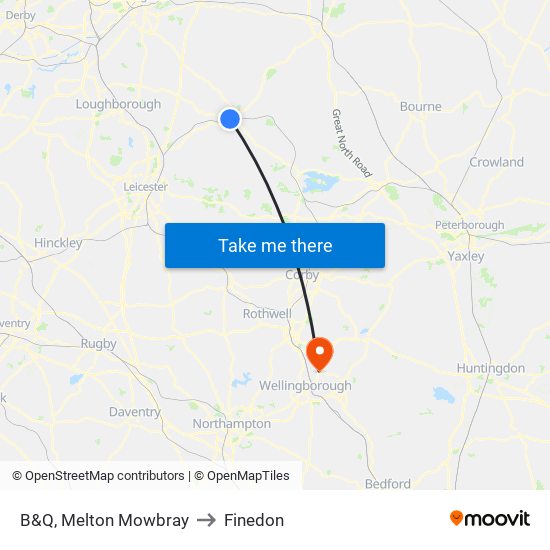 B&Q, Melton Mowbray to Finedon map