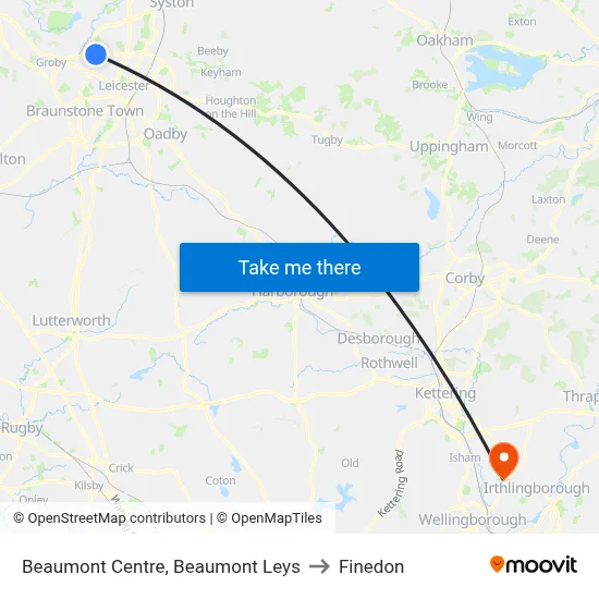 Beaumont Centre, Beaumont Leys to Finedon map