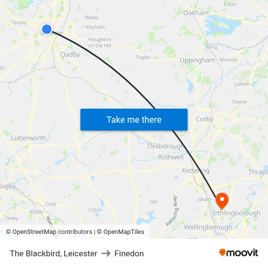 The Blackbird, Leicester to Finedon map