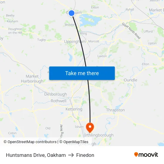 Huntsmans Drive, Oakham to Finedon map
