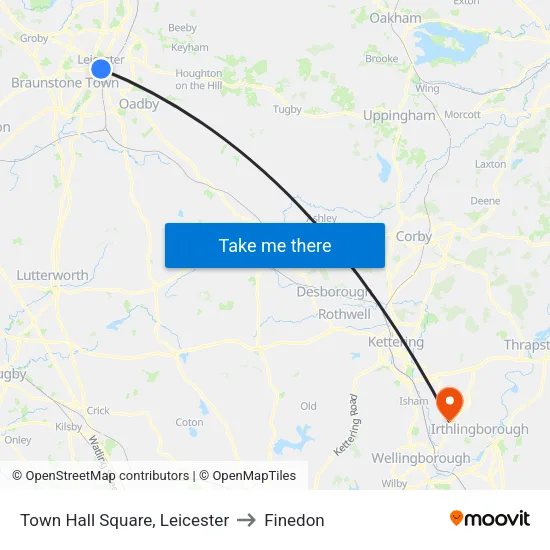 Town Hall Square, Leicester to Finedon map