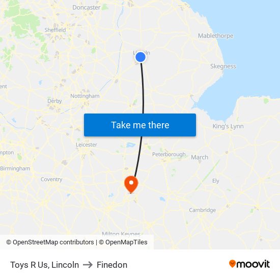 Toys R Us, Lincoln to Finedon map