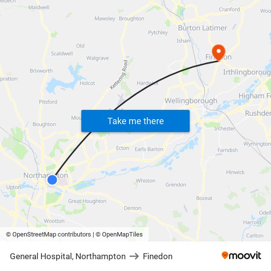 General Hospital, Northampton to Finedon map