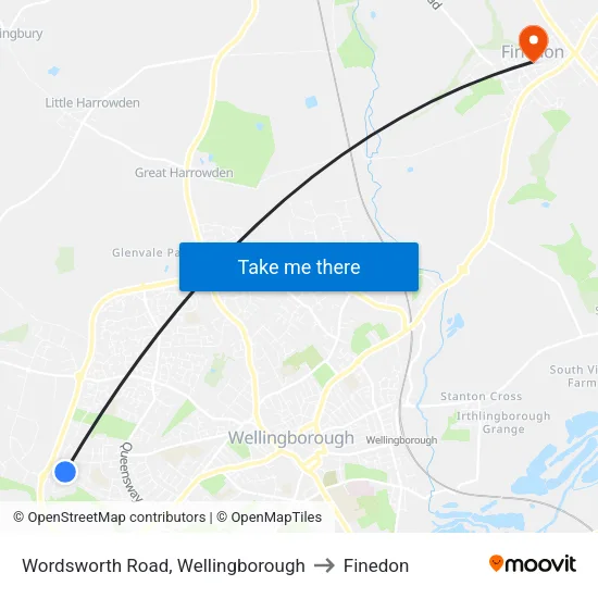Wordsworth Road, Wellingborough to Finedon map