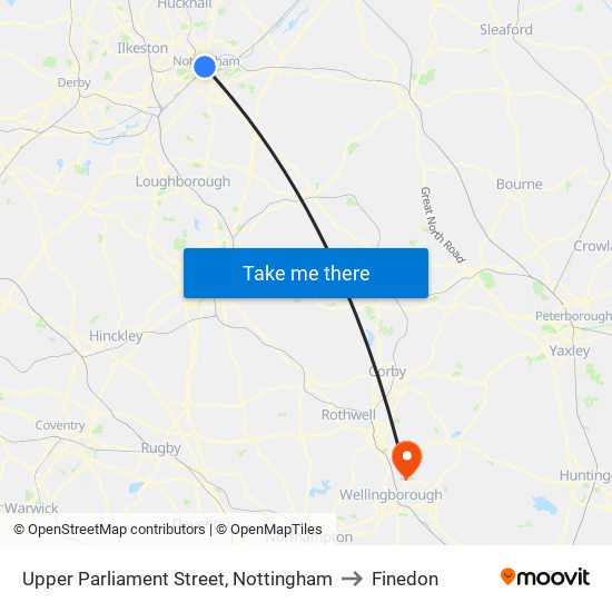 Upper Parliament Street, Nottingham to Finedon map